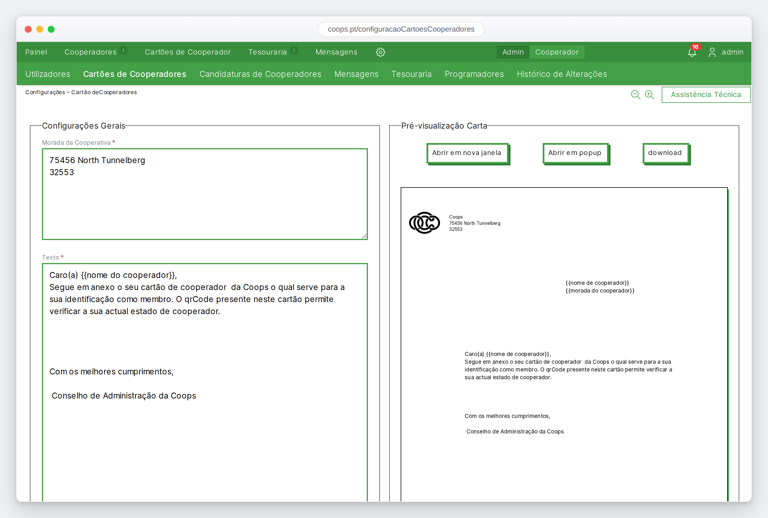 As definições da carta dos cartões, com o texto e a pré-visualização